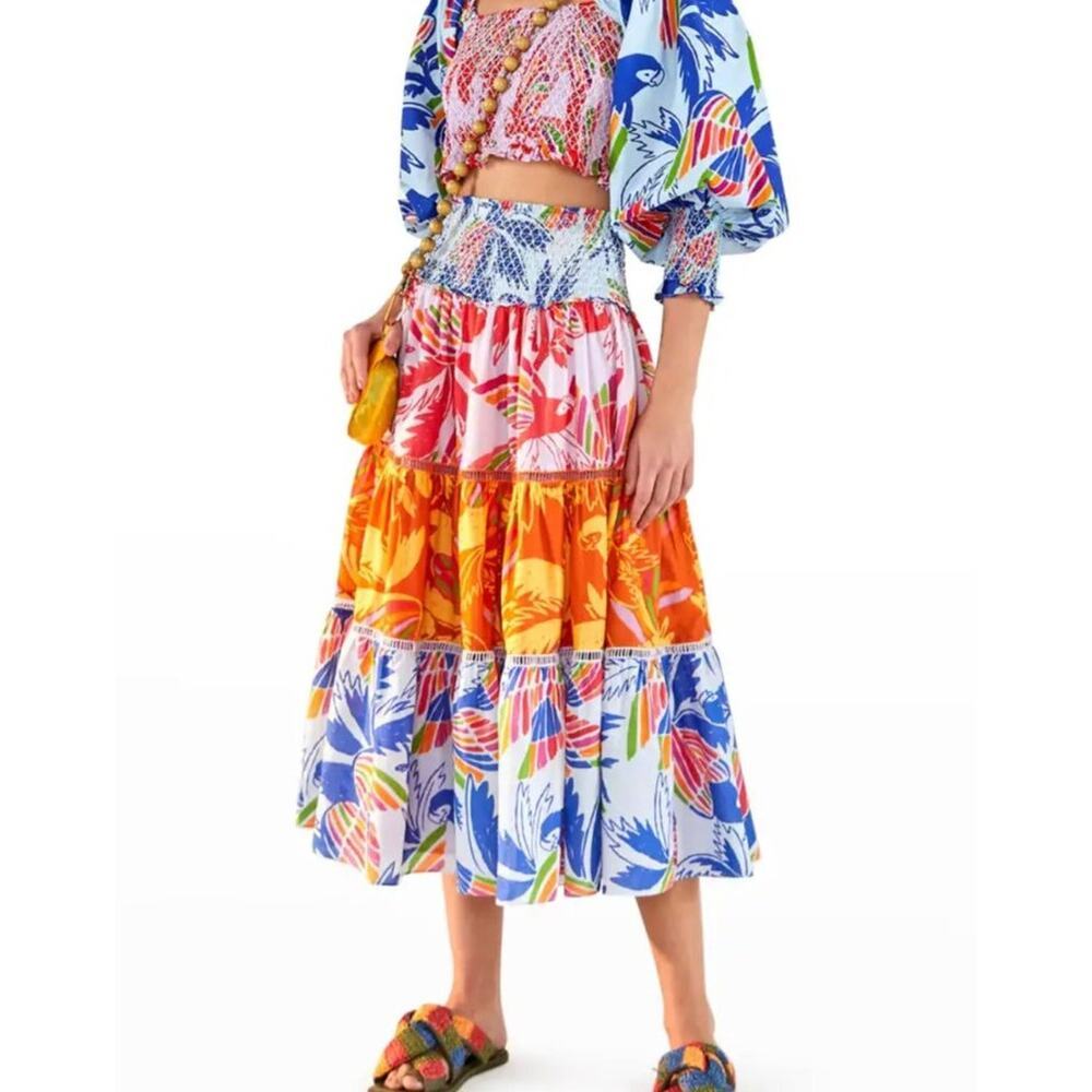 FARM RIO Mixed Color Birds Smocked Tiered Midi Skirt Tropical Tuckernuck